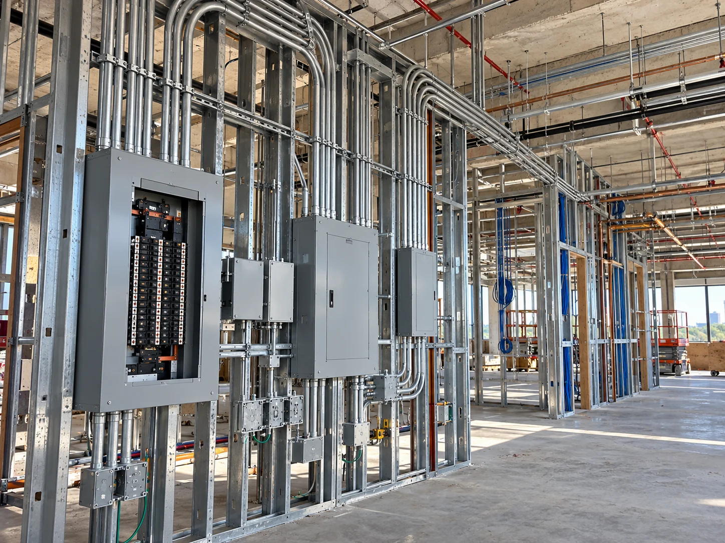 Illustrative AI-generated commercial electrical conduit and panel rough-in